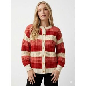 Popsugar Striped Chunky Knit Cardigan Red Cream Button Front Sweater XL Retro
